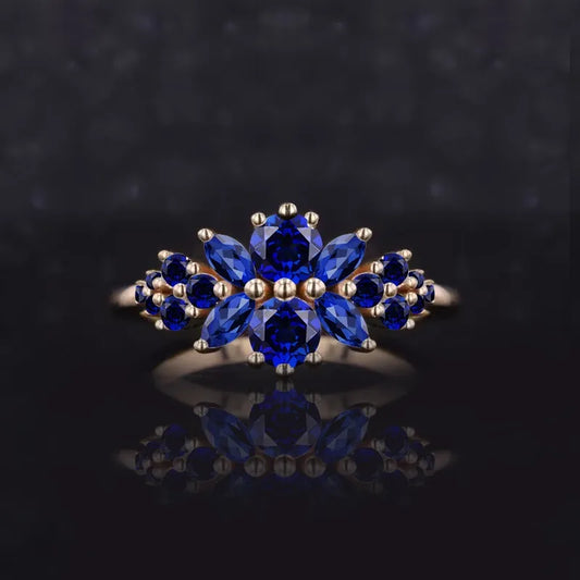 Floral Blue Sapphire 14k Yellow Gold Ring Collection