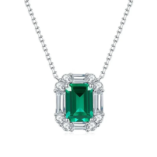 6*8mm Emerald with Halo Pendant/Necklace in 18k White Gold-Plated 925 Sterling Silver