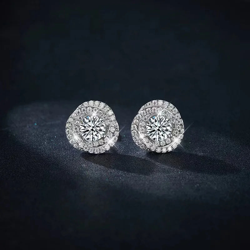 Rose Halo Moissanite Earrings in Platinum-Plated 925 Sterling Silver