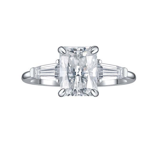 Radiant Cut Moissanite Ring with Trapezoid Baguette Accents in White Gold-Plated 925 Silver