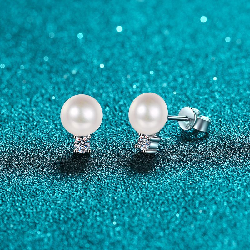 Pearl Moissanite Earrings in Platinum-Plated 925 Sterling Silver