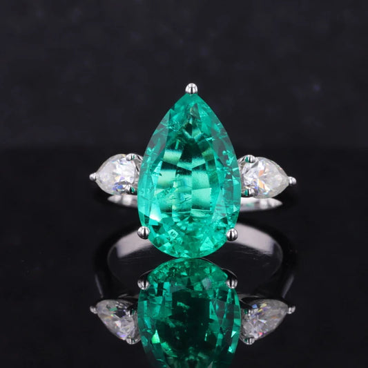 10*16mm Pear Cut Columbian Emerald With Moissanite Ring in 18K Solid White Gold