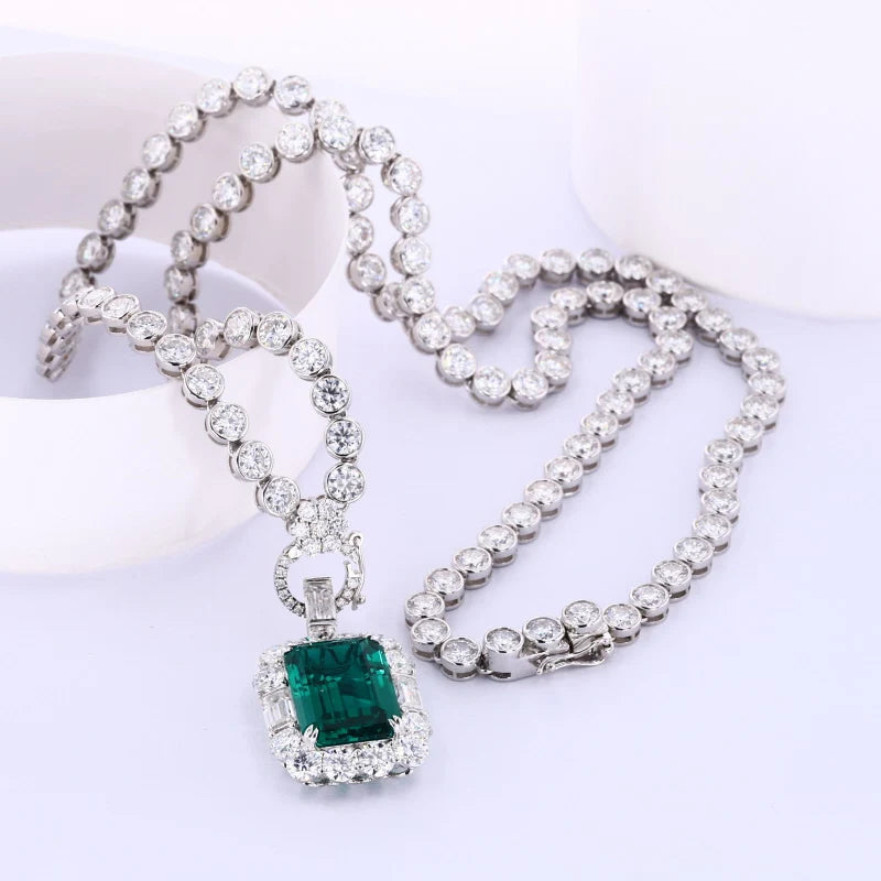 3.5mm Emerald Pendant with Bezel Set Moissanite Tennis Necklace with 10K White/Yellow Gold