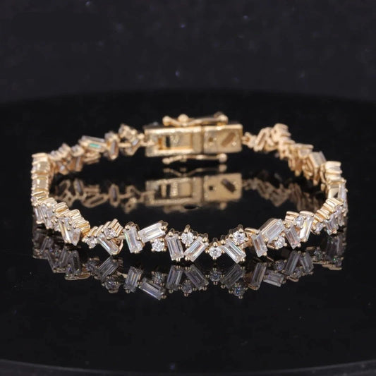 Irregular Pattern Baguette/Round Cut Moissanite Tennis Bracelet in 10K Solid White Gold