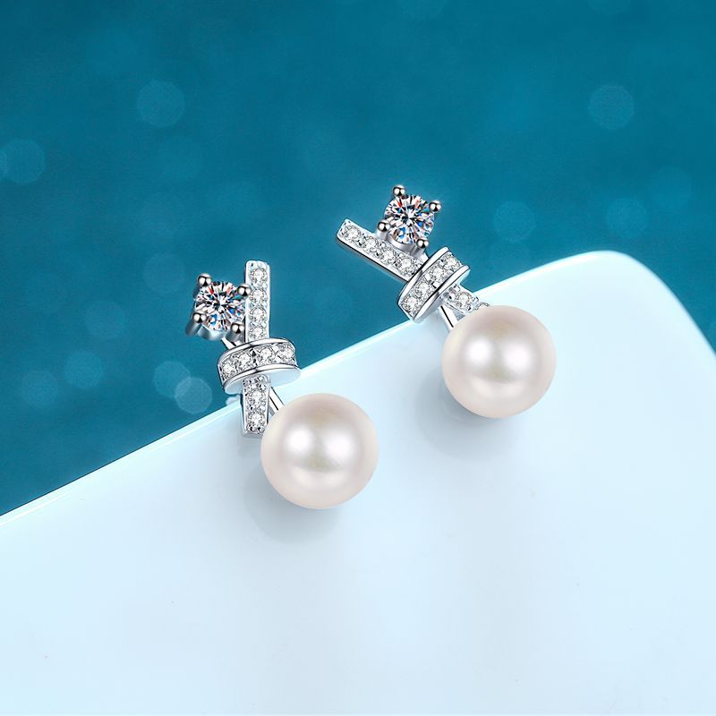 Pearl-Moissanite Earrings in Platinum-Plated 925 Sterling Silver