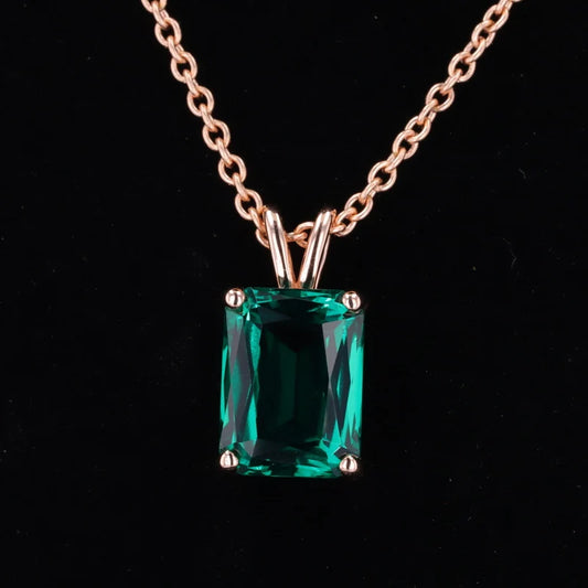 Criss-Cross Emerald Cut Lab Emerald Pendant Necklace in 14K Rose Gold