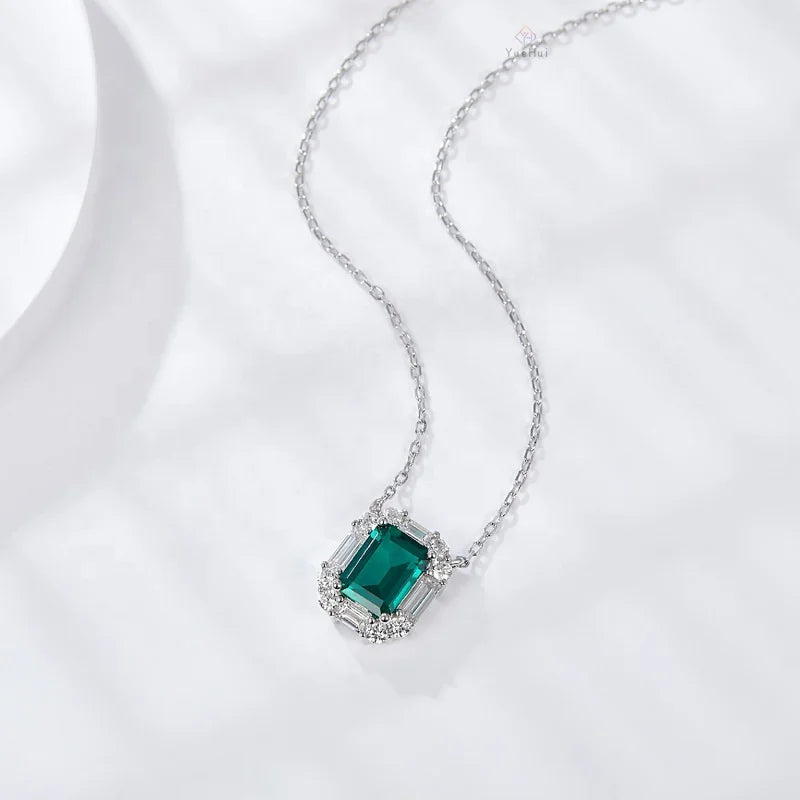 6*8mm Emerald with Halo Pendant/Necklace in 18k White Gold-Plated 925 Sterling Silver