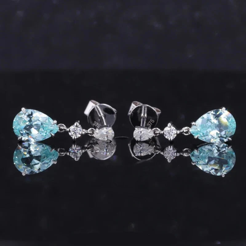 5*7mm Pear Cut Paraiba with Moissanite Dangle Earrings in 14K Solid White Gold