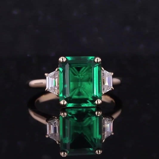 8*10mm Zambian Emerald Three Stones Style Ring with Moissanite in 14K Solid Yellow Gold