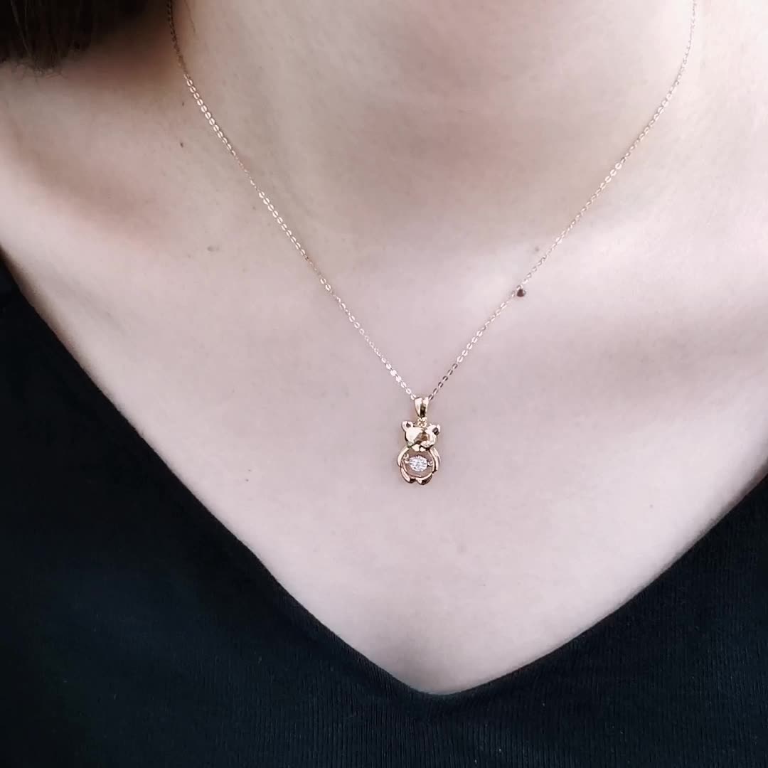 Bear Pendant Necklace with Dancing Diamond in 18K Solid Yellow Gold