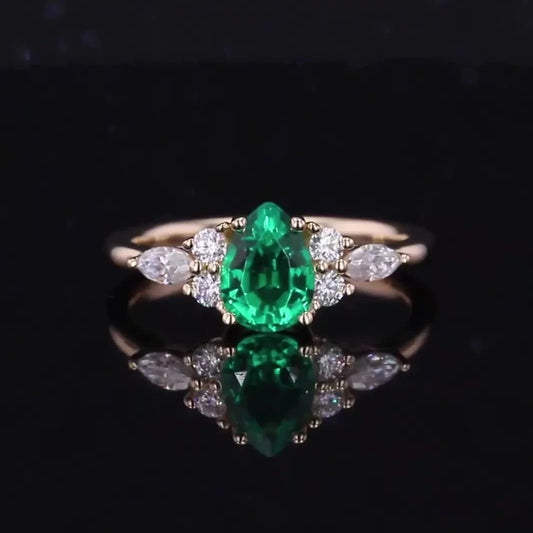 Columbian Pear Cut Emerald Ring with Moissanite in 14K Yellow Gold