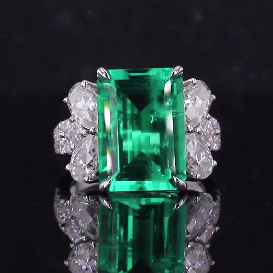 10*14mm Emerald Cut Colombian Green Emerald and Pear Cut Moissanite Ring in 14K White Gold