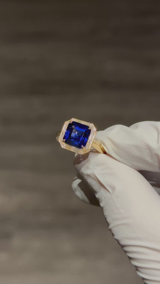 Customized™ 8*8mm (3.00ct) Asscher Lab-Grown Sapphire with French Cut Diamonds Ring in 18K Solid Yellow Gold