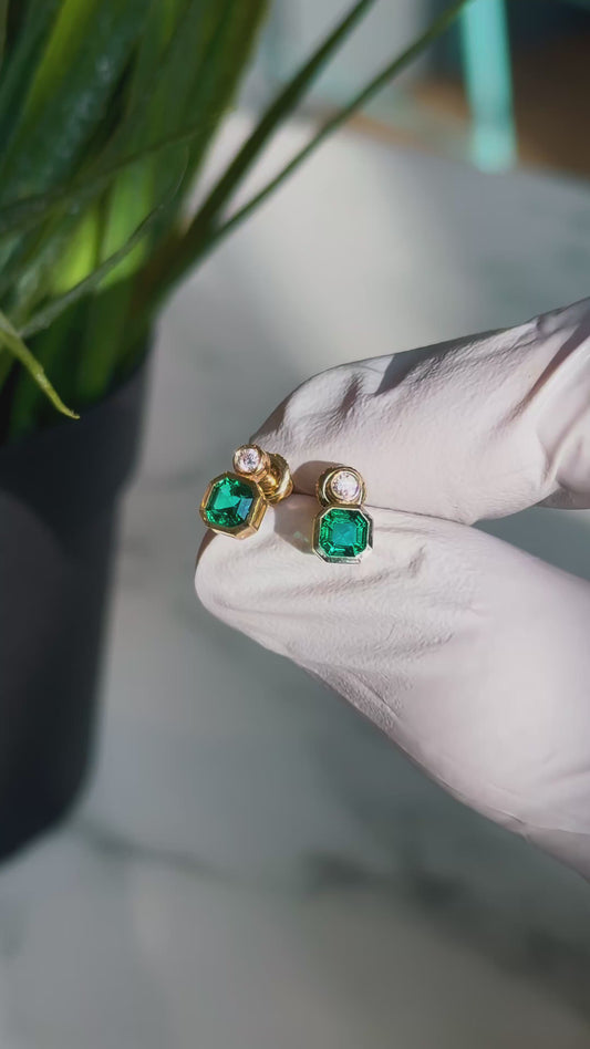 Customized™ 5mm Asscher Lab-Grown Zambian Emerald with Moissanite Earrings in 18K Solid Yellow Gold