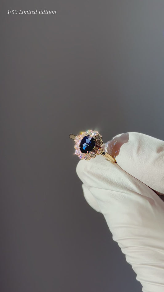 LIMITED EDITION 5*7mm Oval Cut Blue Sapphire Ring with Diamond Halo in 14K Solid Yellow Gold