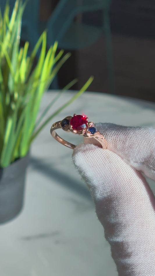 Customized™ "Fusion Harmony" 1.00ct Round Natural Ruby with Natural Sapphires Three-Stone Ring in 10K Solid Rose Gold