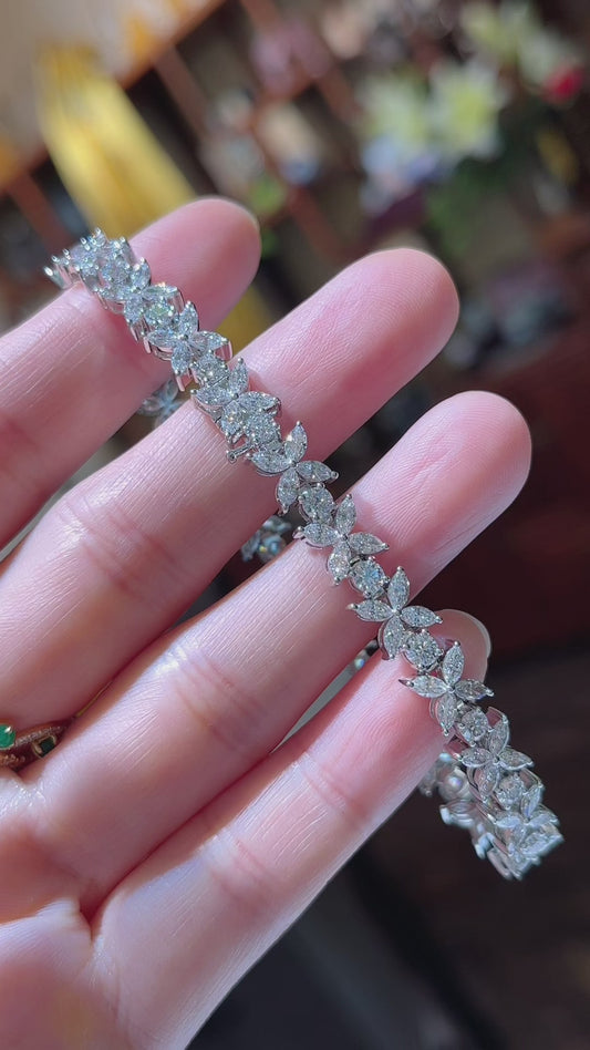 Round and Marquise Diamond Flower Tennis Bracelet in 14K White Gold