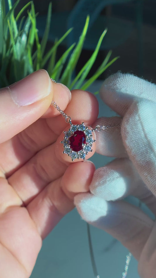 1.80ct Oval Lab-Grown Red Ruby Diamond Halo Pendant Necklace in Platinum 950