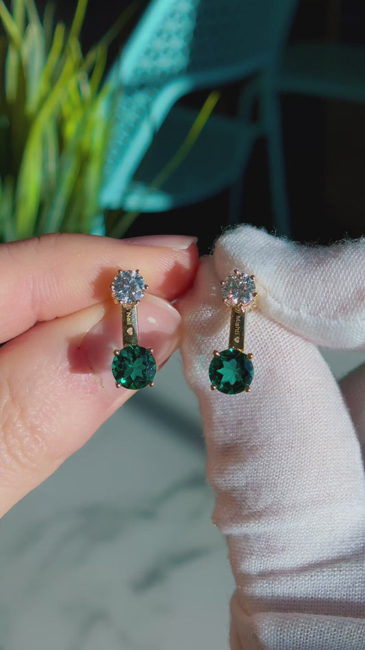 Customized™ 1.20ct Round Lab-Grown Zambian Emerald with 0.50ct Round Moissanite "Stone-on-Stone" Earrings in 14K Solid Yellow Gold